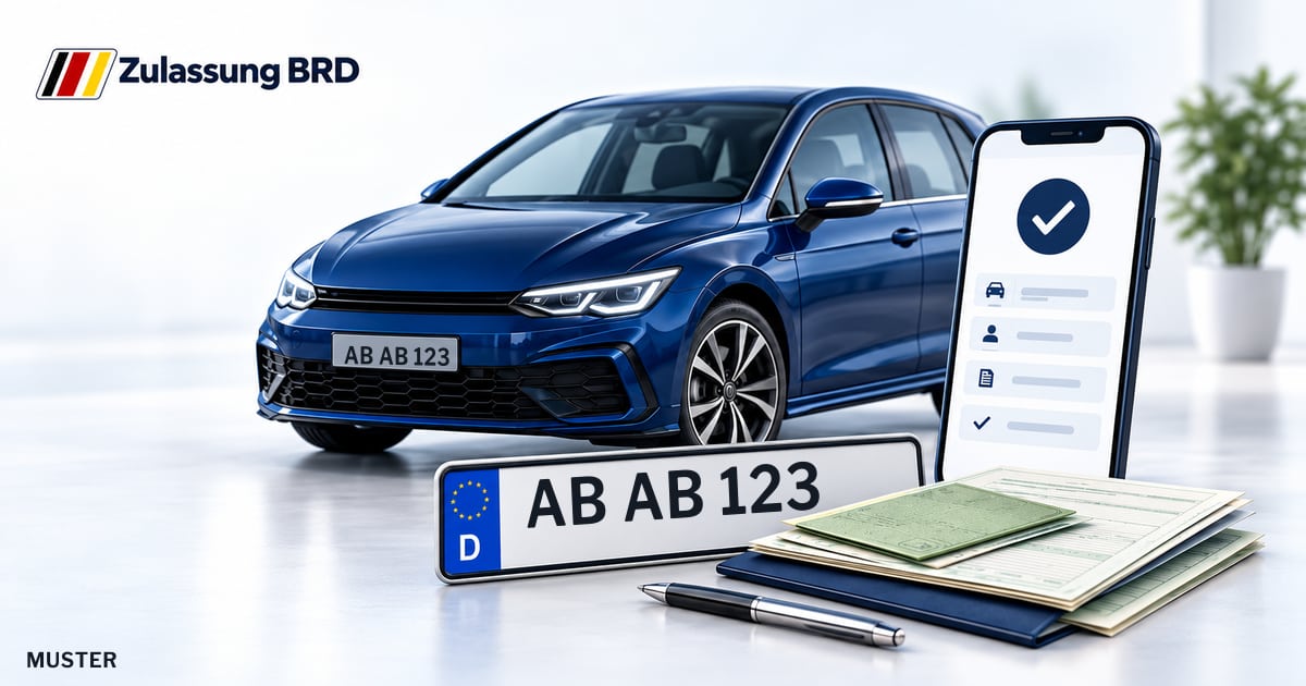 Online Fahrzeugzulassung in Großostheim: Musterkennzeichen AB AB 123, Auto und Fahrzeugpapiere und Smartphone. Illustration mit Logo von Zulassung BRD.